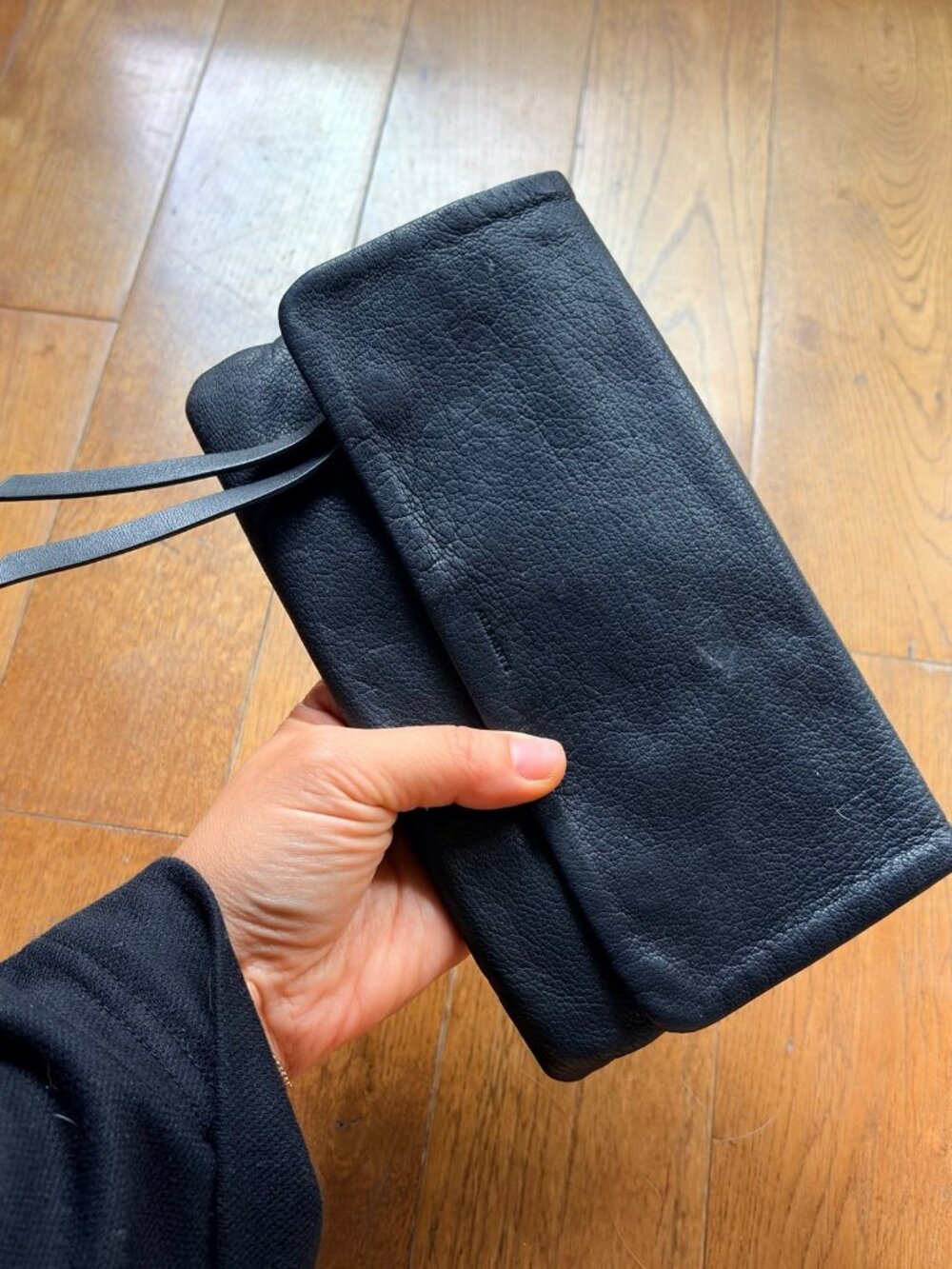 AllSaints Black Pebbled Leather Foldover Wristlet Clutch Wallet